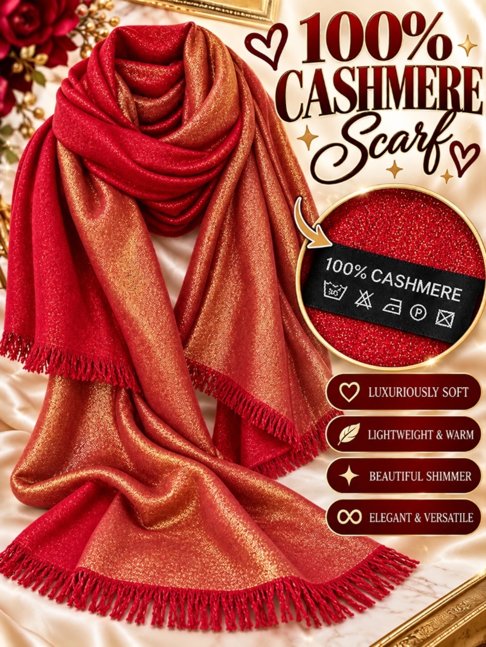 100% Cashmere Red & Gold Shimmer Scarf Luxury Soft Wrap